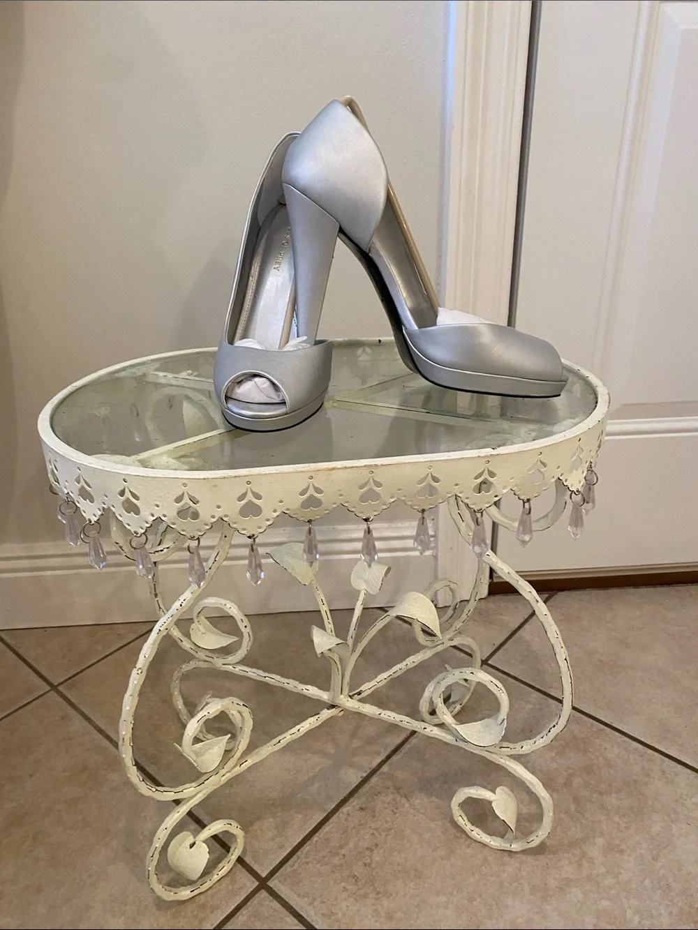 Shoes of Prey Silver Leather Peep-Toe High Heels